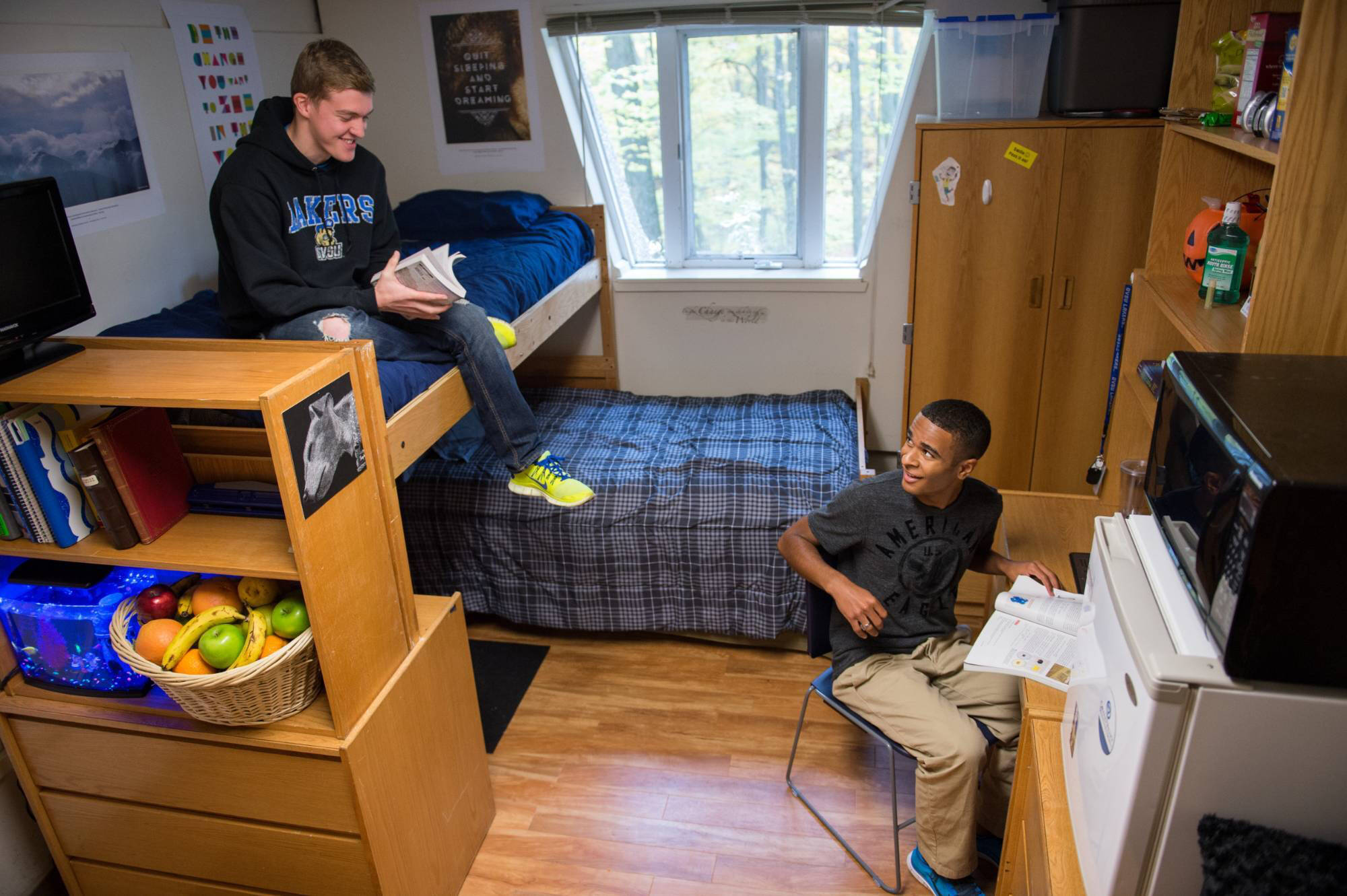 Two students are in a cozy Traditional bedroom. One sits on a raised bed, reading, while the other sits at a desk with a book. The room is tidy and welcoming.